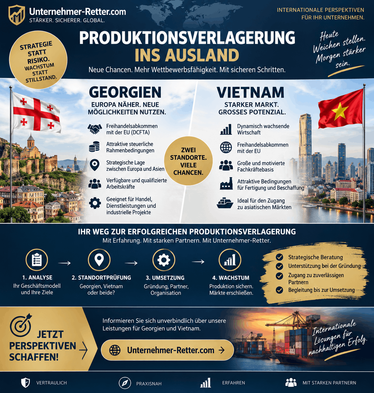 Produktionsverlagerung ins Ausland - Georgien und Vietnam Infografik Produktionsverlagerung ins Ausland - Georgien und Vietnam Infografik
